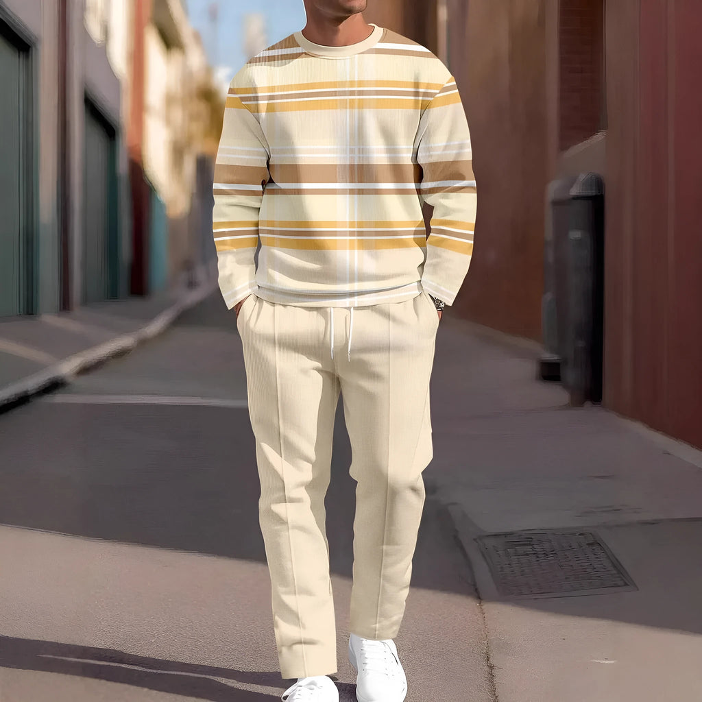 Men's two-piece tracksuit set with long sleeve round neck top and full-length trousers in air layer polyester, sizes S to 5XL