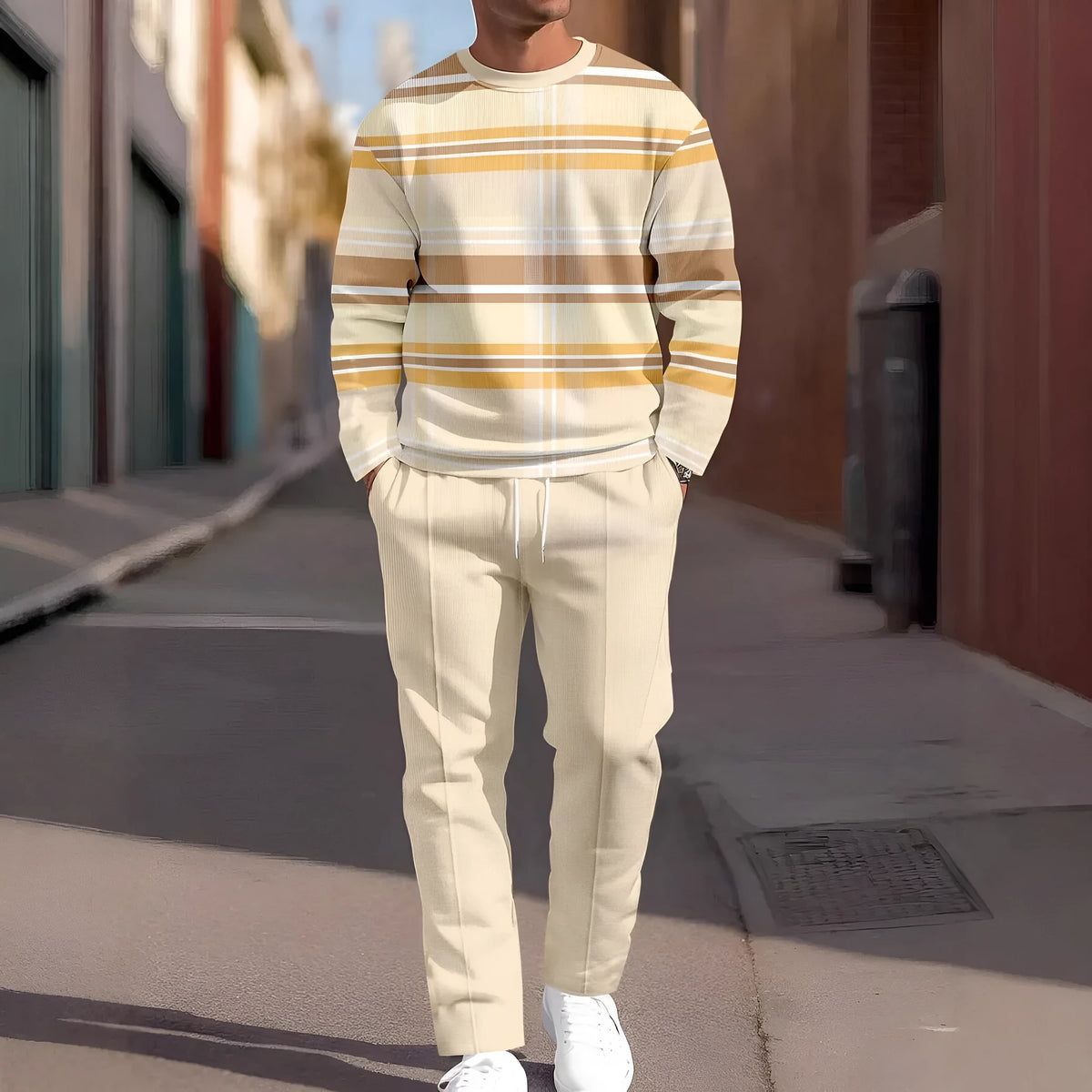 Men's two-piece tracksuit set with long sleeve round neck top and full-length trousers in air layer polyester, sizes S to 5XL