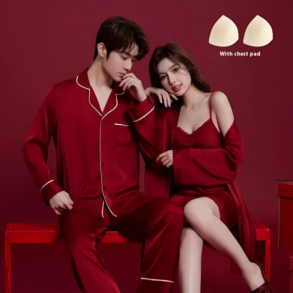 Red men's and women's ice silk loungewear set with long sleeves and trouser-length trousers