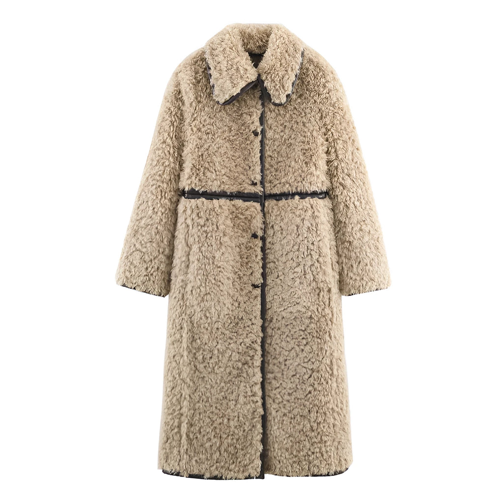 Women's khaki fleece long overcoat with spandex blend, shown in size XS to L