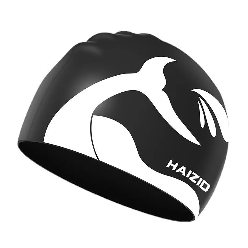 Silicone swim cap with whale tail pattern and waterproof ear protectors in multiple colours
