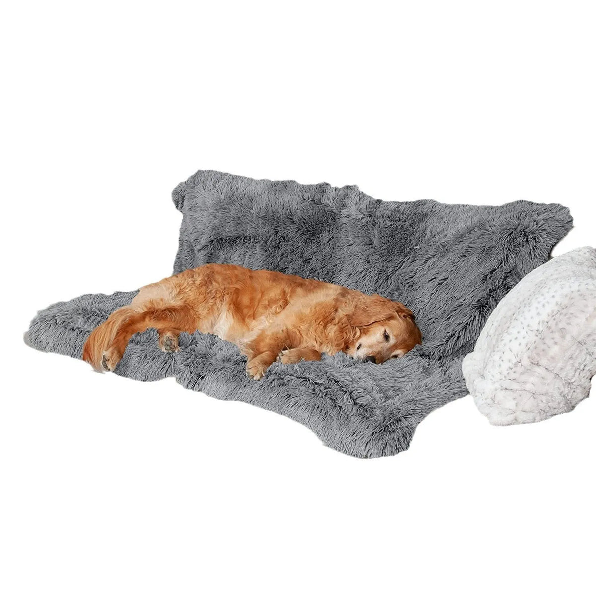 Waterproof plush dog cushion in dark grey showing double layer thickening construction