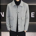 Men's khaki polo collar casual jacket with side seam pockets on a hanger