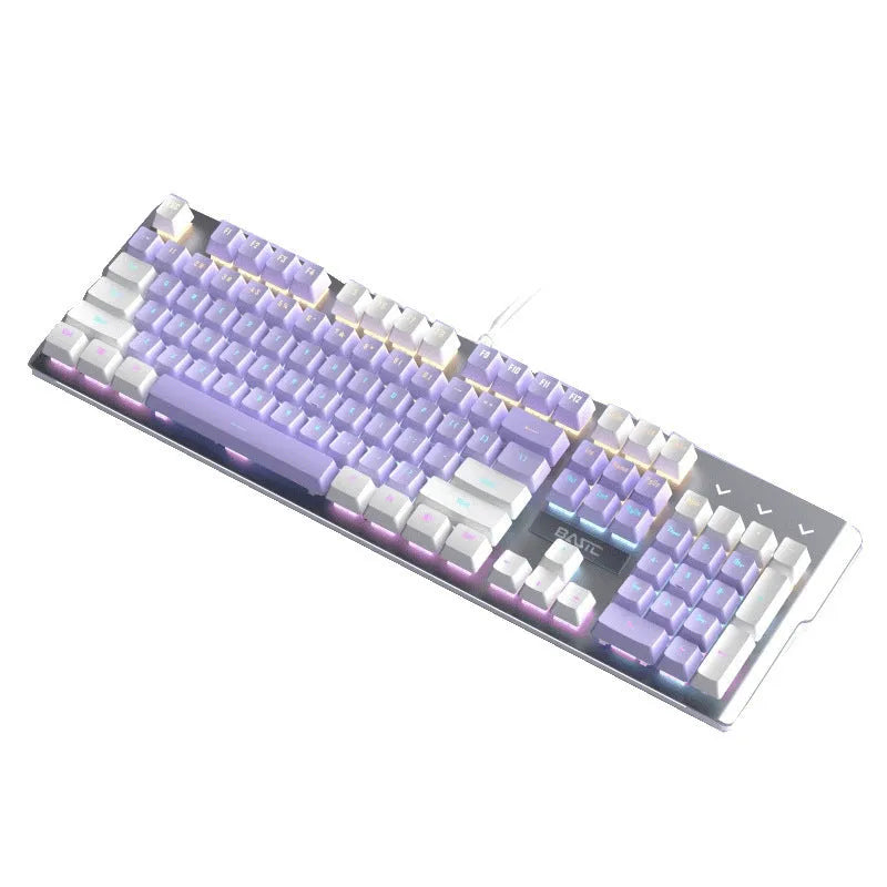Purple and white mechanical keyboard and wired mouse set with backlit keys