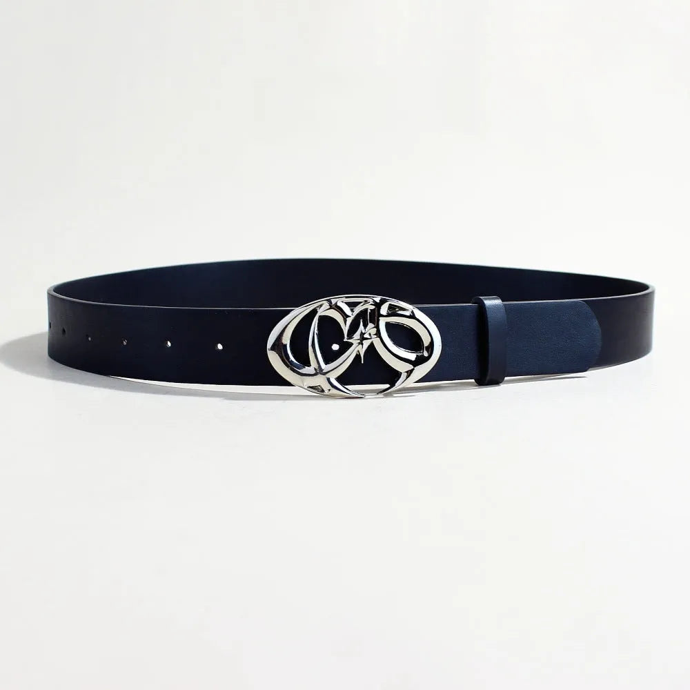 Silver buckle casual belt showing 105cm length and 3.3cm width with snap button closure