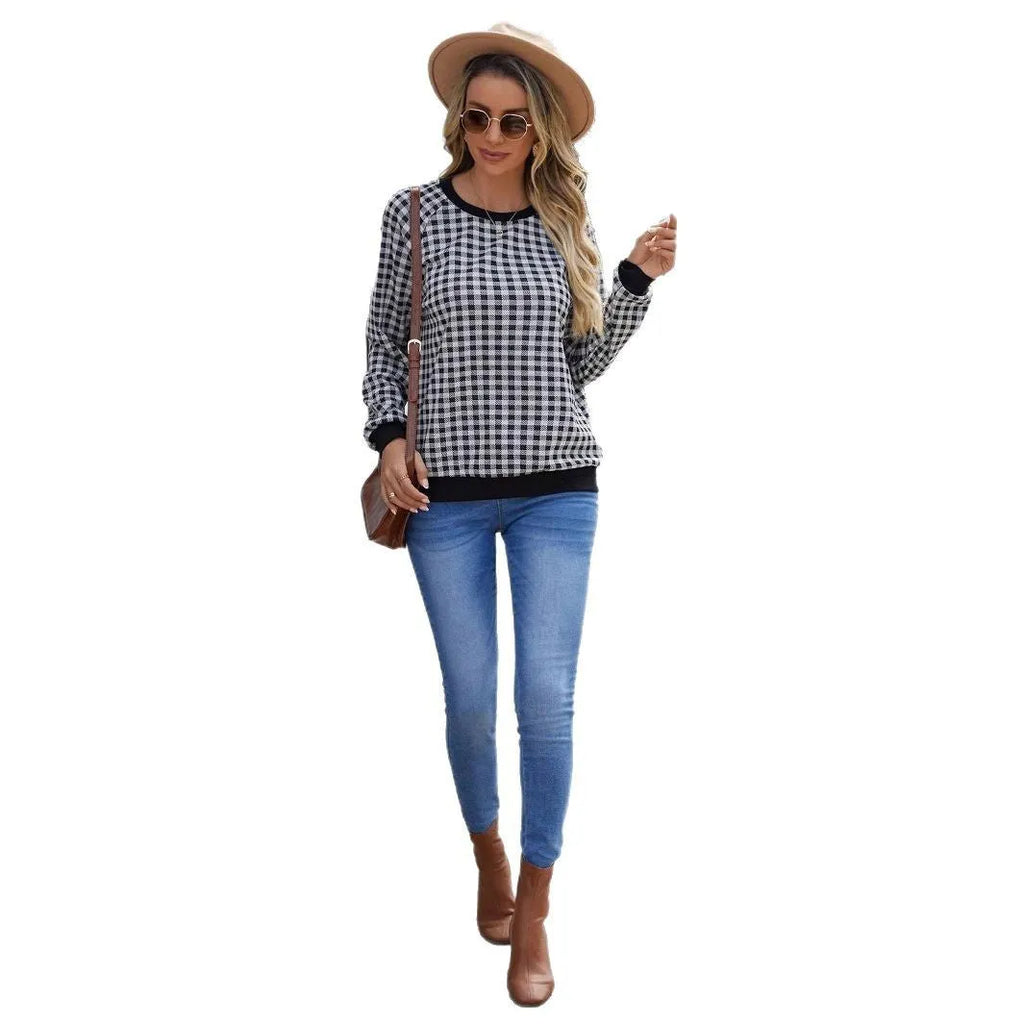 Black Japanese plaid pullover long sleeve sweater with printed pattern