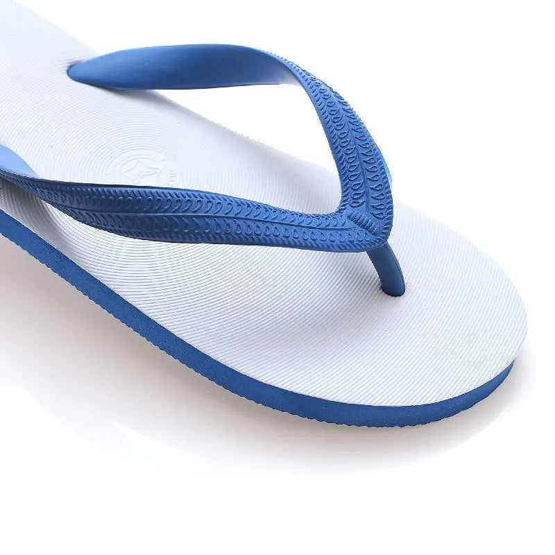 Rubber flip-flops with non-slip, deodorant soles in green, red, blue, or black with a fish logo.