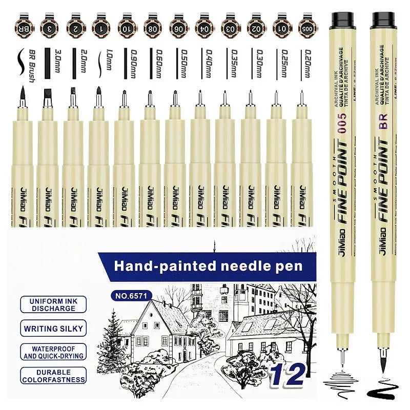 Waterproof art cartoon design sketch pen with syringe-style needle point and black ink.
