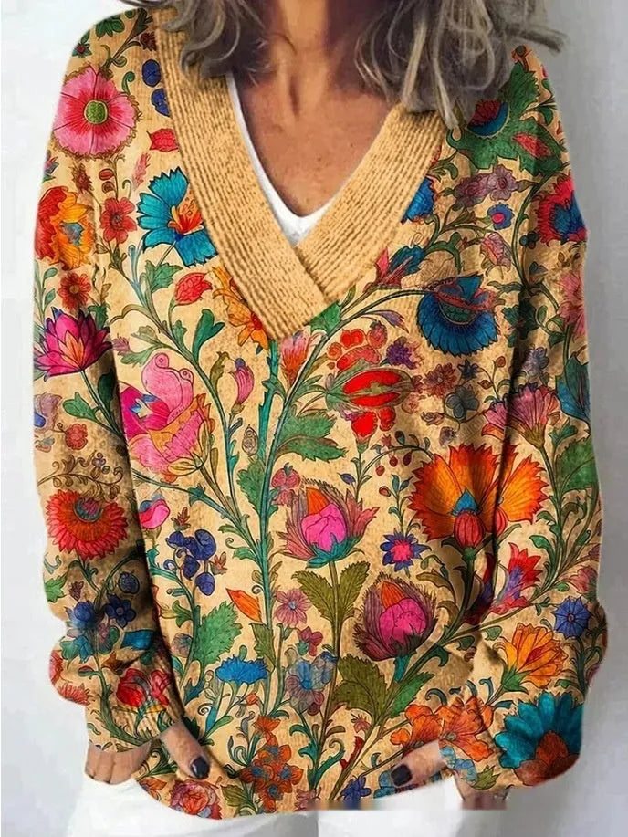 Women's V-neck sweatshirt with 3D floral pattern print in wool woven fabric