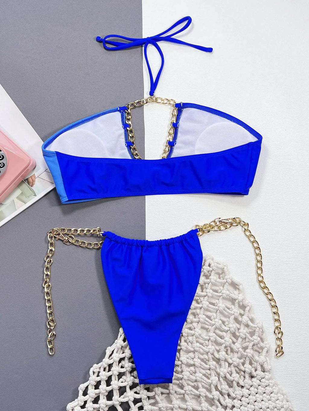 Blue solid colour women's Nylon bikini swimsuit with separate top and bottom pieces