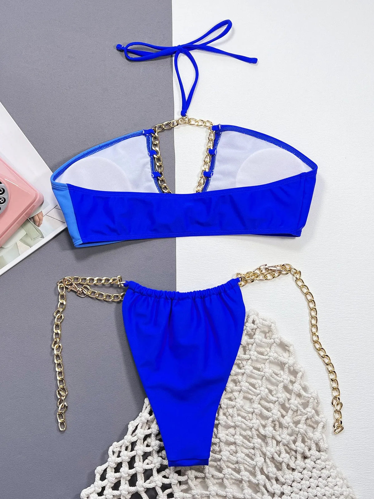 Blue solid colour women's Nylon bikini swimsuit with separate top and bottom pieces