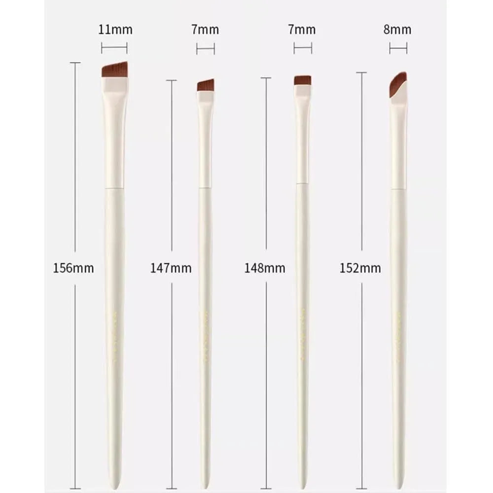 Four angled eyeliner and brow makeup brushes with fine bristles inside a leather case.