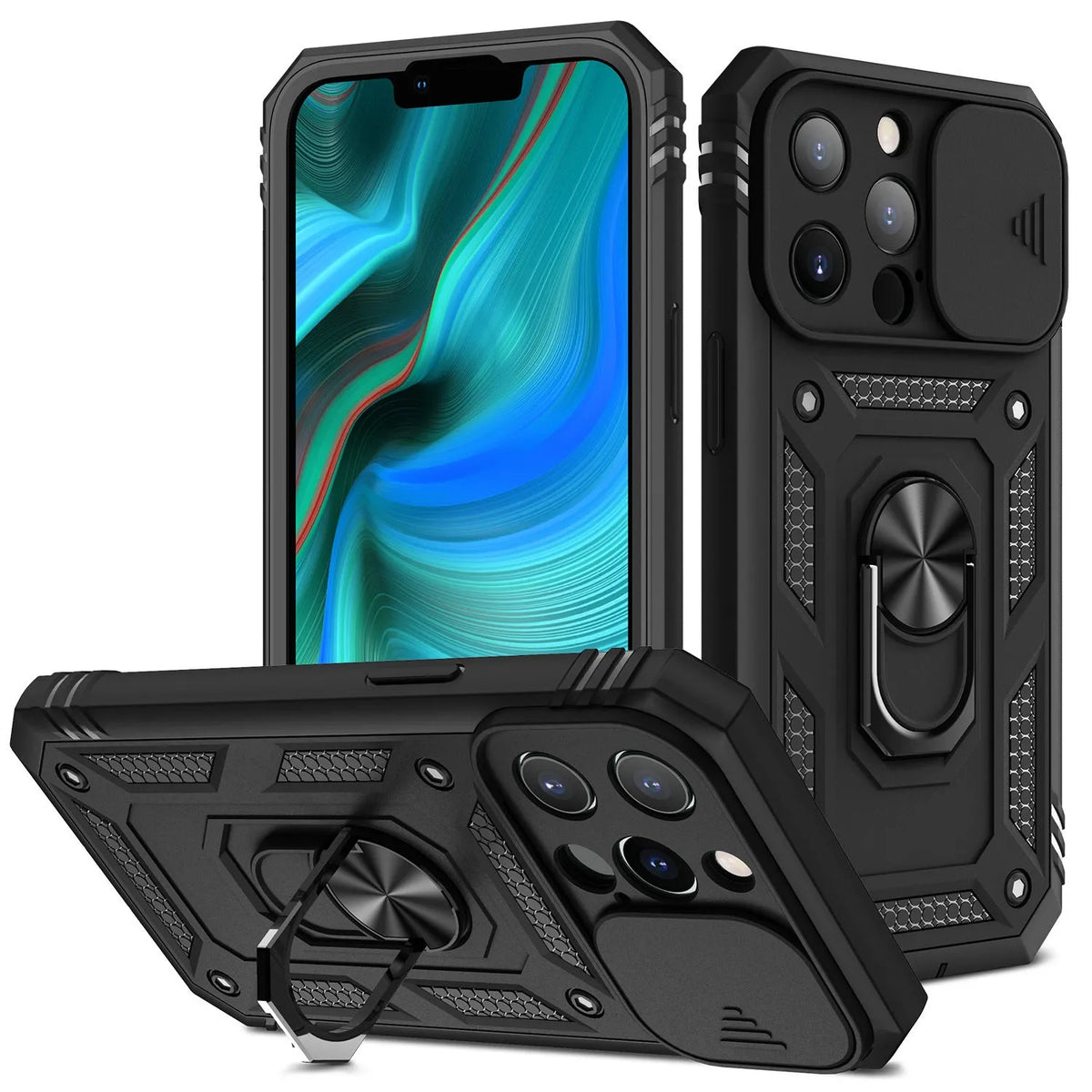 Magnetic sliding window phone case for Apple iPhone in sapphire blue and other two-tone colours