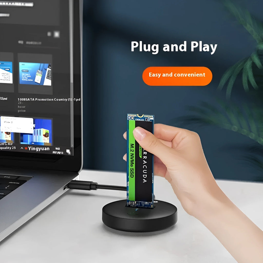 Black external hard drive enclosure with USB-C cable for M.2 NVMe SSDs