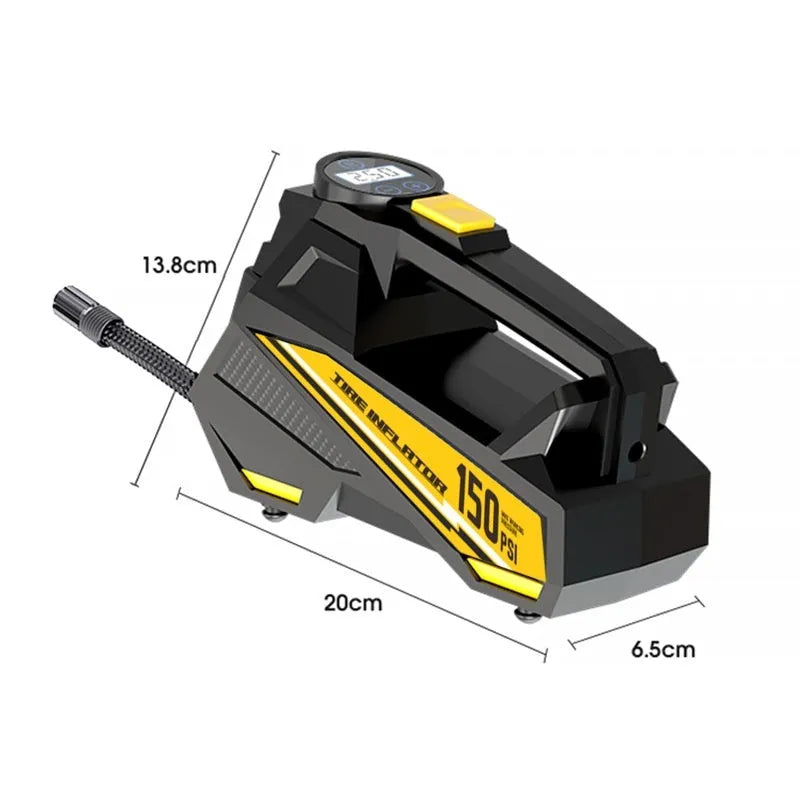 Black portable electric tyre inflator with digital display and LED light on 12V cable