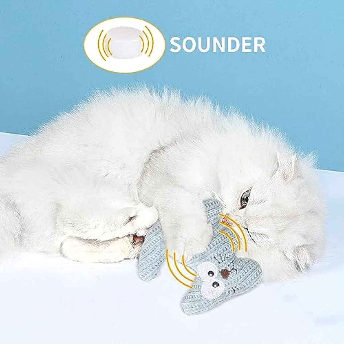 Cyan and light coffee coloured knitted plush cat toy with bell and catnip, shown next to a ruler showing 12cm length.