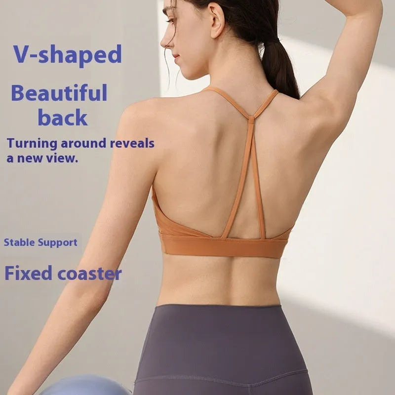 Women's nylon sports vest with fixed double-shoulder straps in multiple colours on a size chart.
