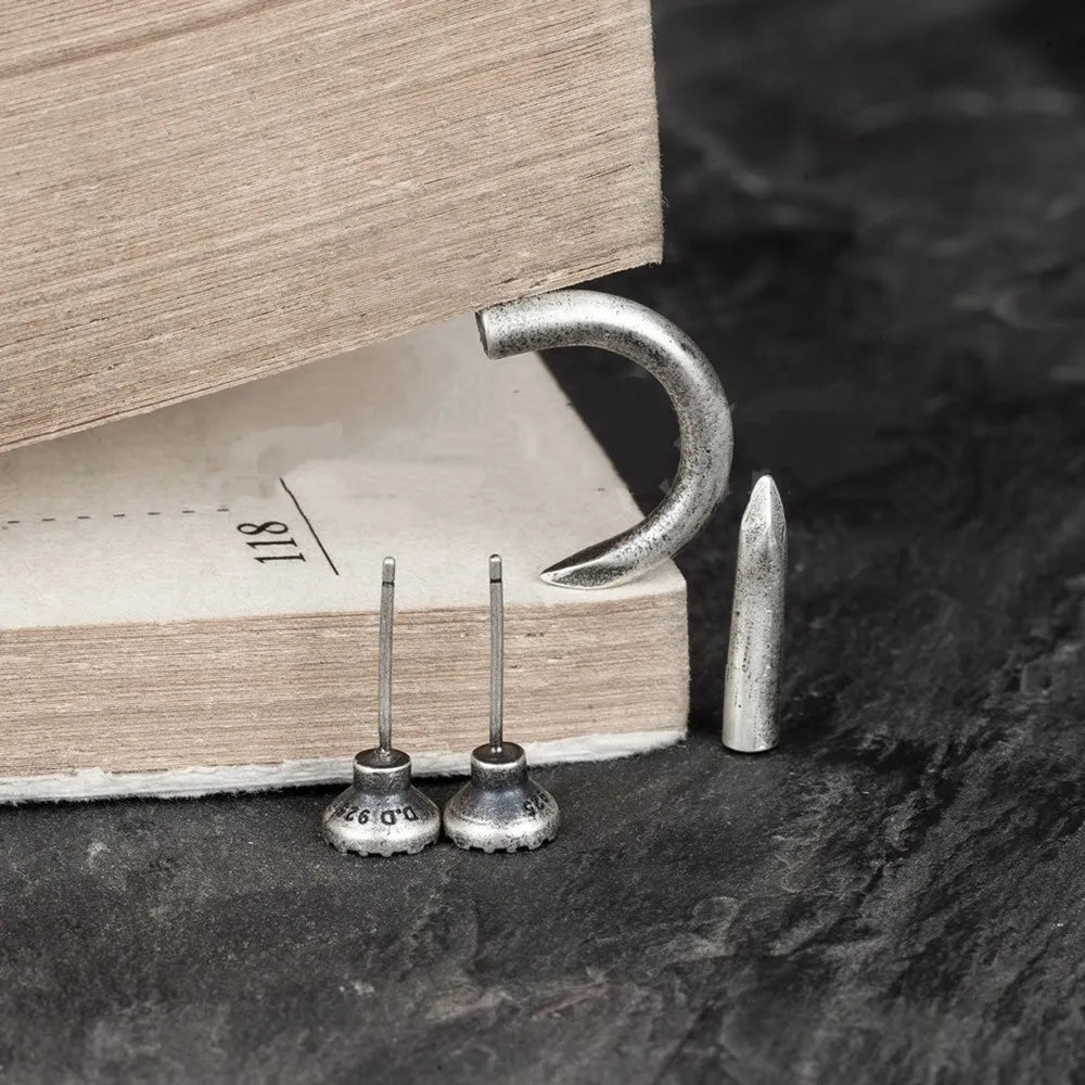 S925 sterling silver punk nail stud earrings on ear hook, straight and curved style options.