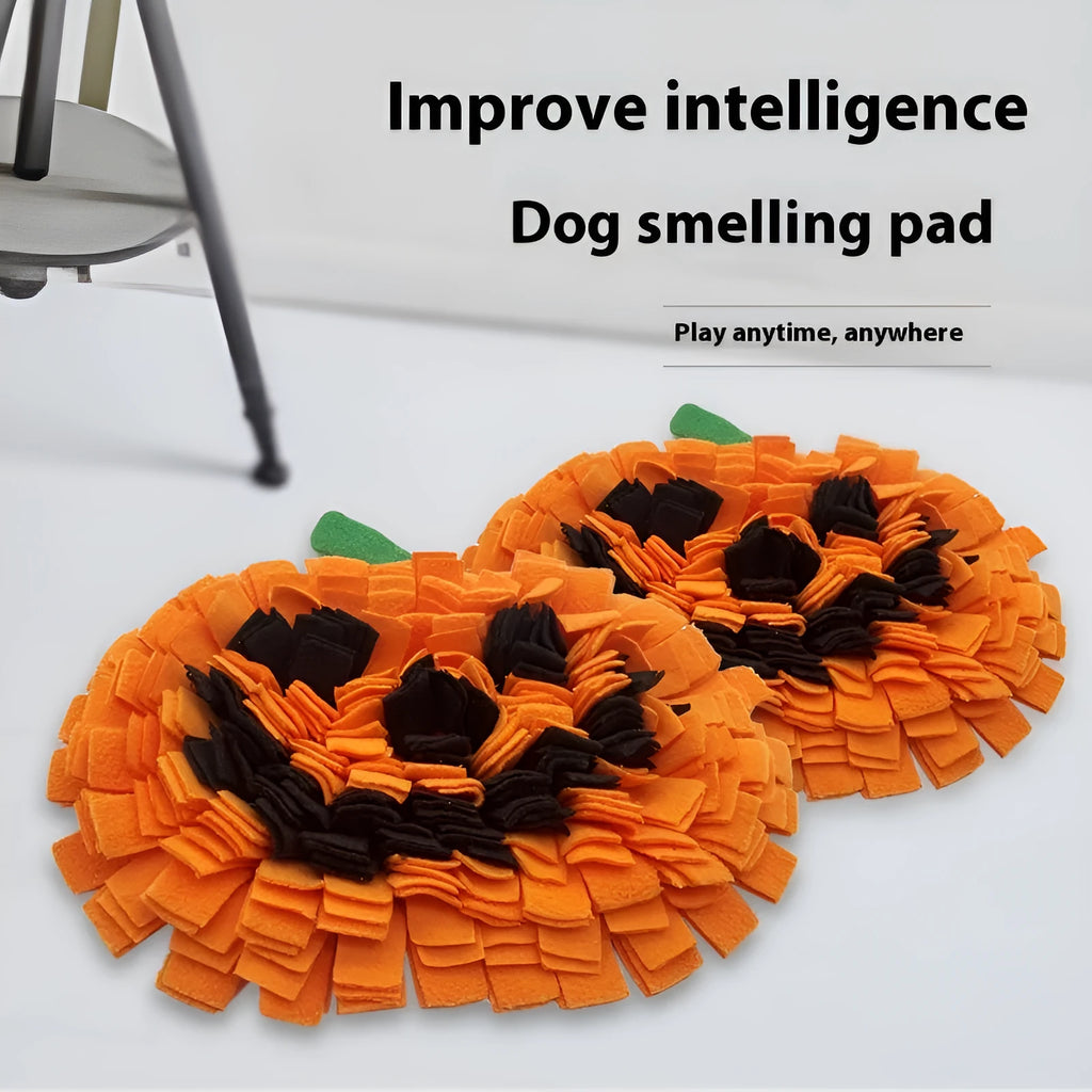 Orange pumpkin-shaped pet smell mat with textured woollen surface for dog slow feeding training