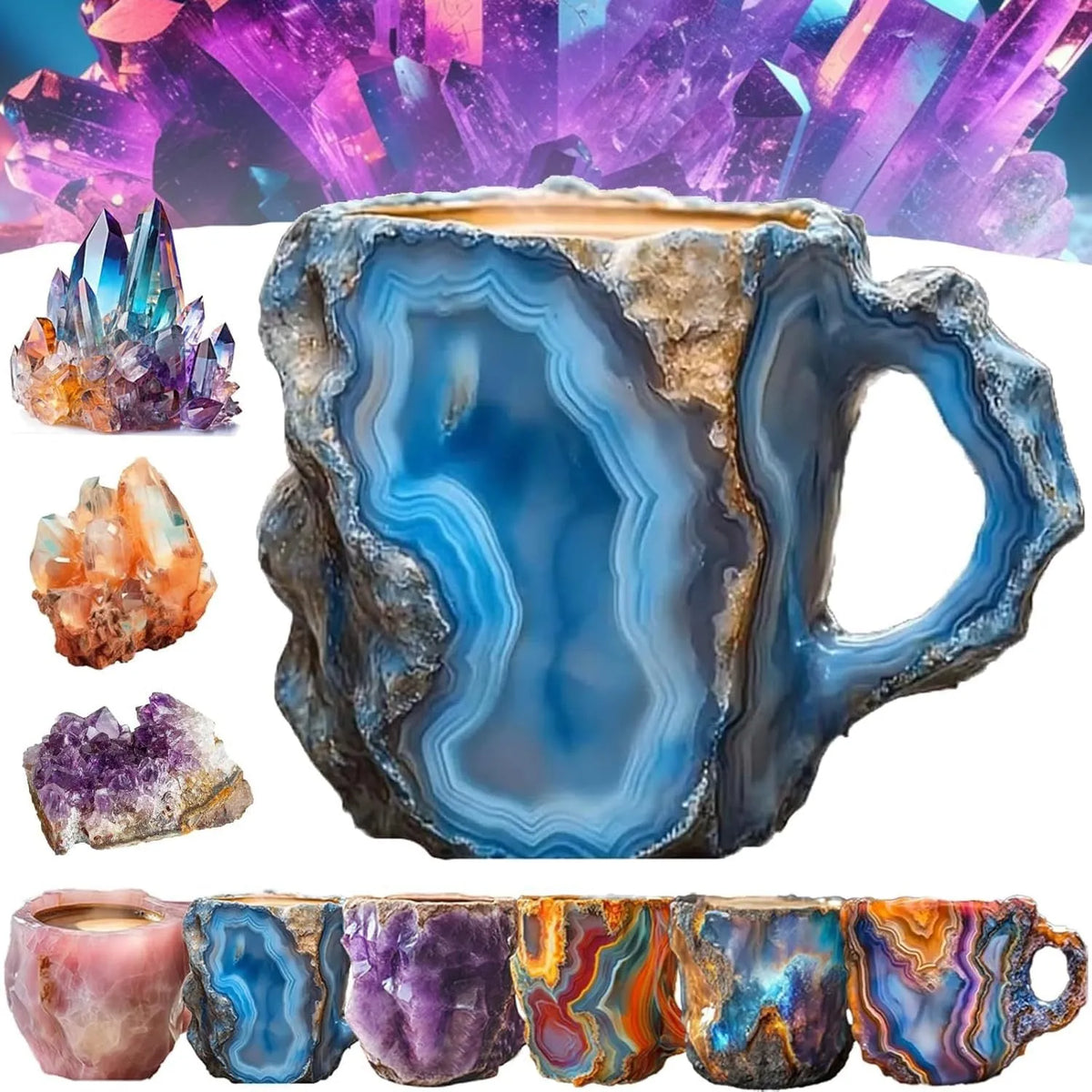 Resin mineral crystal design coffee mug with handle in assorted colours