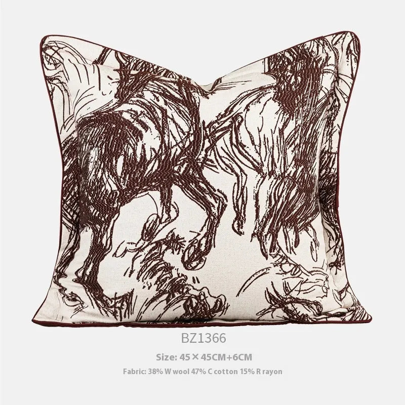 Abstract Jacquard woven horse design cushion in golden yellow, available as square or waist pillow.