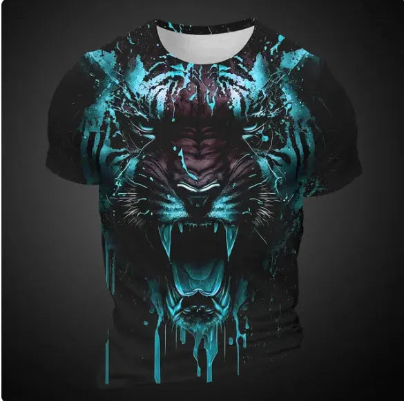 Close-up of a man's grey T-shirt with a detailed 3D tiger face digital print on the chest.