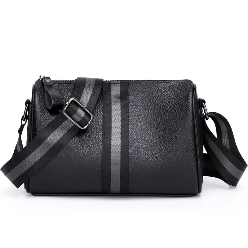 Black genuine leather crossbody bag with one-shoulder design showing 24x16x13cm dimensions