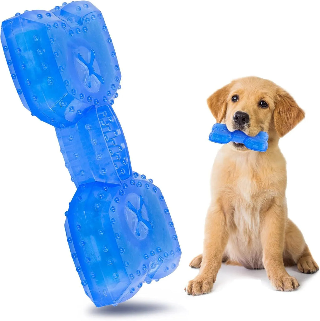 Freezable non-toxic dog teething chew toy with treat filling for cooling and dental care.