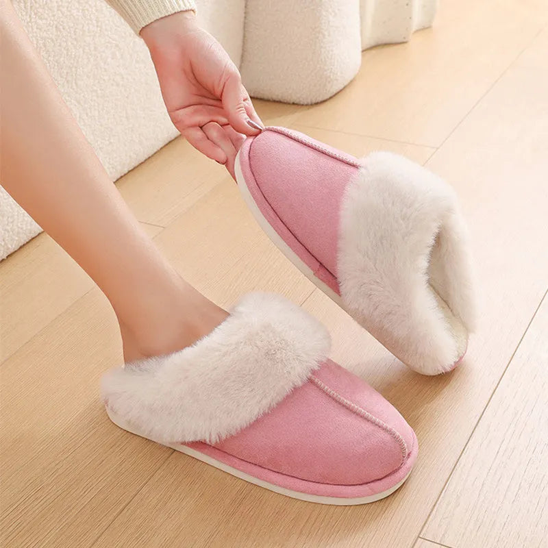 Brown plush women's slippers with a round toe, flat heel, and textured non-slip sole.