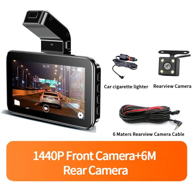 3-inch HD car DVR dash camera with dual lens recording system showing front and rear camera placement