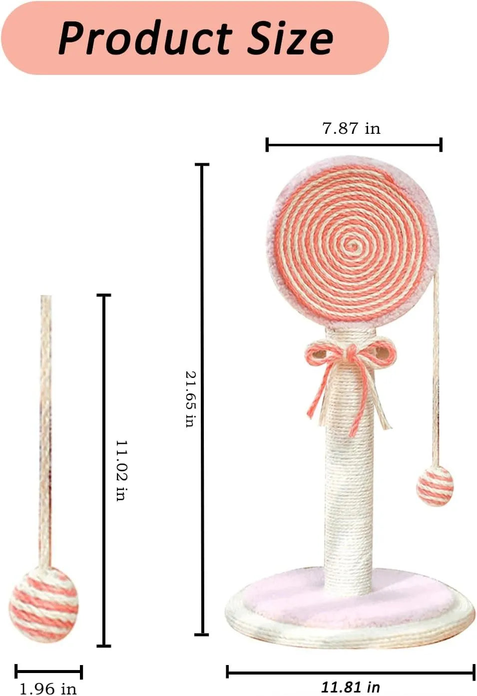 Blue cat scratching post with natural sisal rope and a hanging yellow ball toy on a stable wooden base.