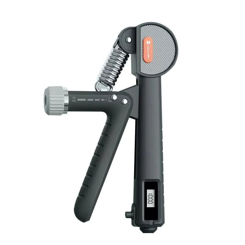 Adjustable spring grip hand exerciser in ABS plastic construction showing three colour options