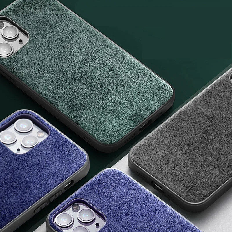 Suede full-cover iPhone case in dark blue, dark night green and elegant black colours.