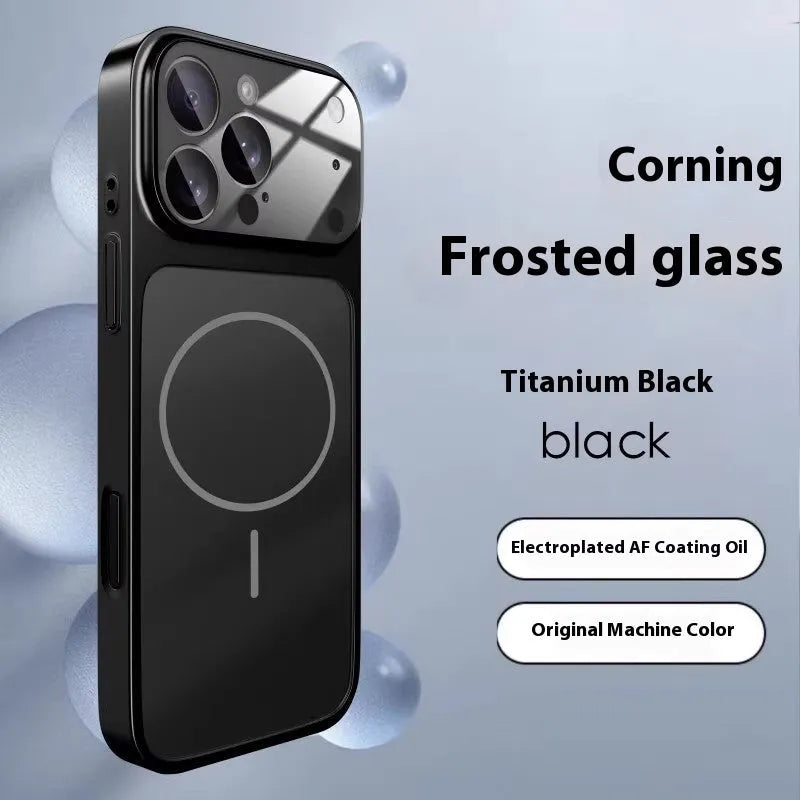 Frosted tempered glass magnetic phone case for iPhone on a table, showing orange colour option.