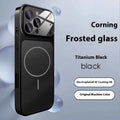 Frosted tempered glass magnetic phone case for iPhone on a table, showing orange colour option.