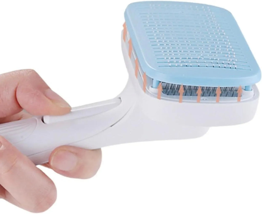 Automatic pet hair removal comb in blue for dogs and cats with one-click removal technology