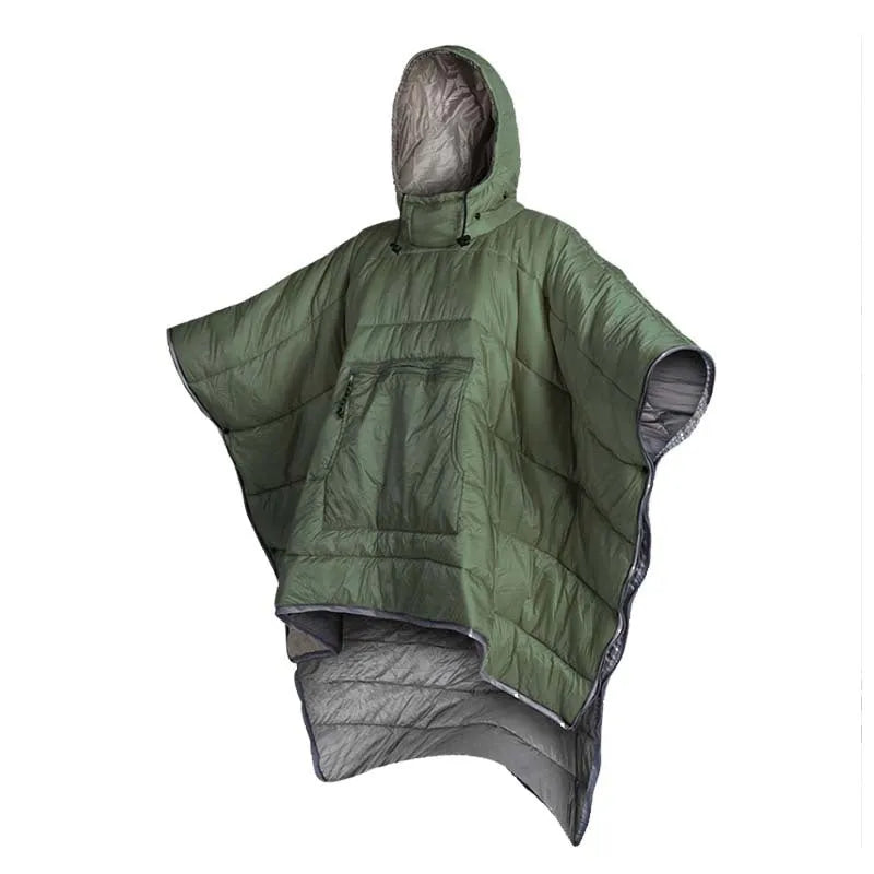 Adult wearing a grey outdoor cloak sleeping bag, showing its full 200x140cm size and hood.