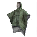 Adult wearing a grey outdoor cloak sleeping bag, showing its full 200x140cm size and hood.