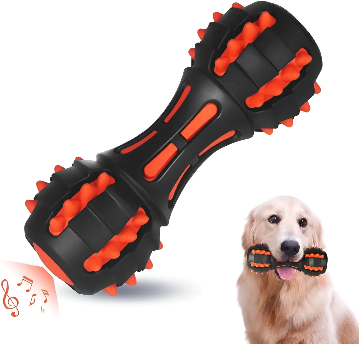 Red dumbbell-shaped dog chew toy made of natural rubber for aggressive chewers