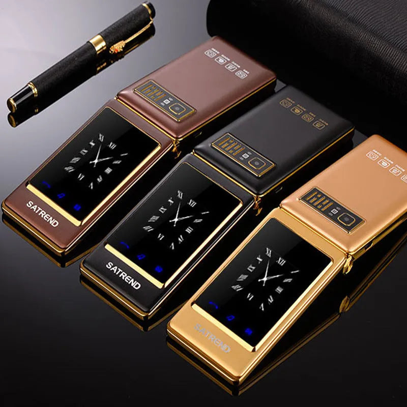 Black dual screen flip senior phone showing both internal touch screen and external display with large buttons
