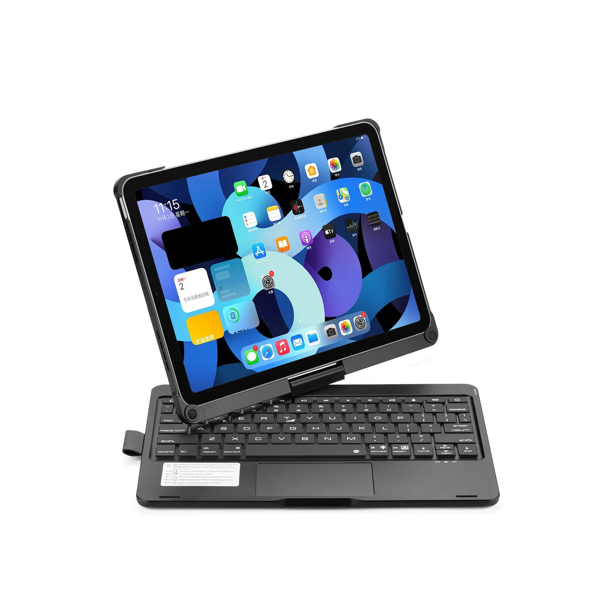 Black Bluetooth keyboard with rotating hinge for iPad, showing backlit keys and compact design.