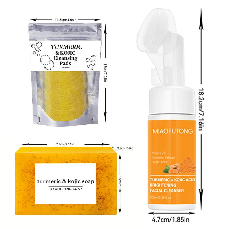 Turmeric and ginger facial cleansing kit with 30 pads, soap net, and 490g product content
