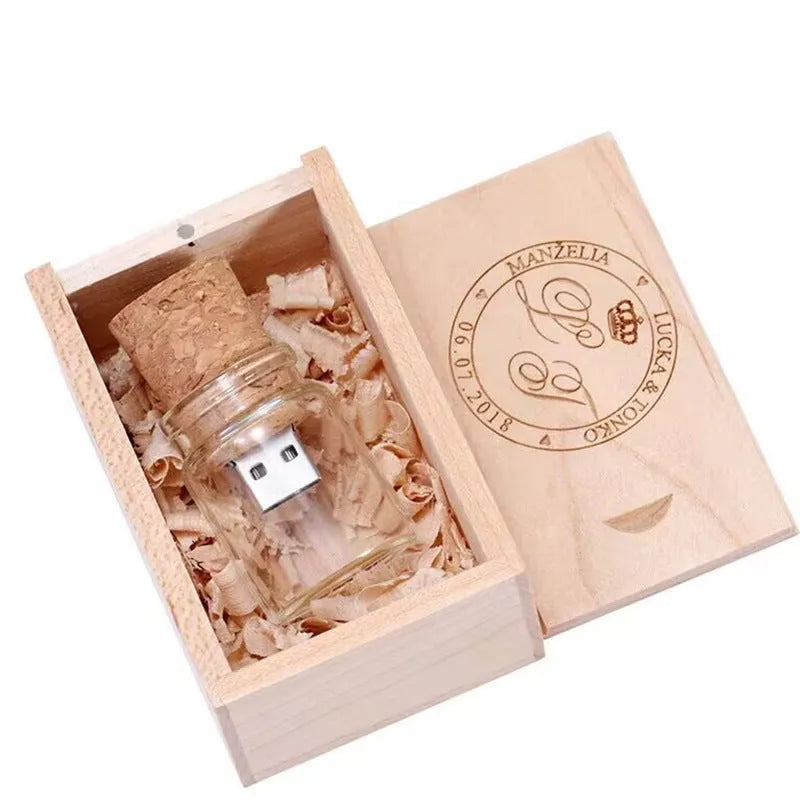 Wooden and transparent resin wish drift bottle design USB flash drive on white background.