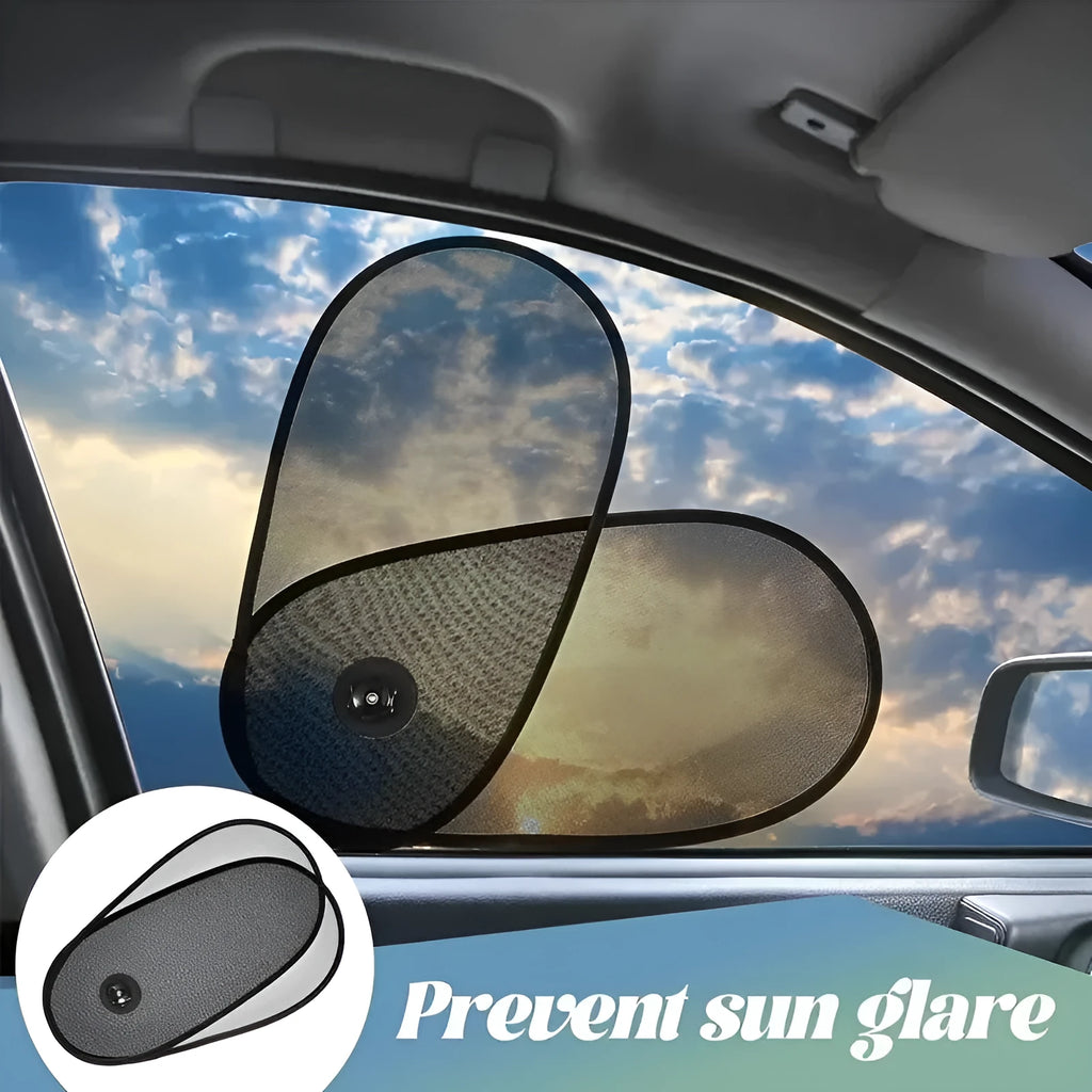 Black breathable car window shade attached to vehicle side window with suction cups