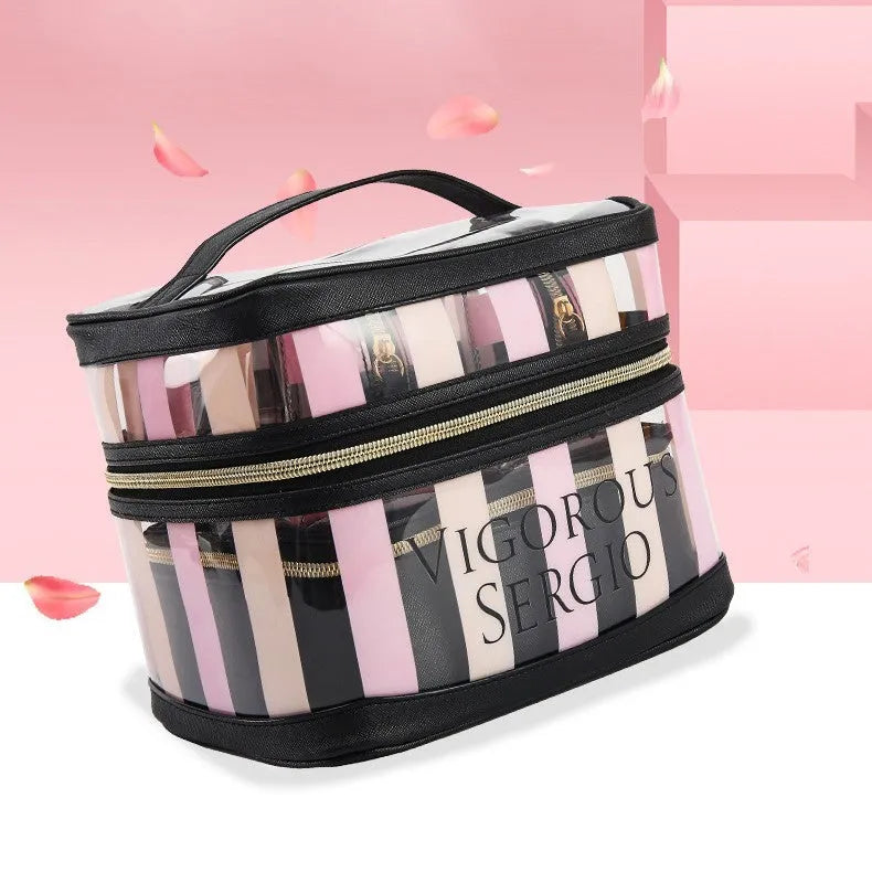 Pink bold stripe floral pattern waterproof makeup bag with folding buggy design