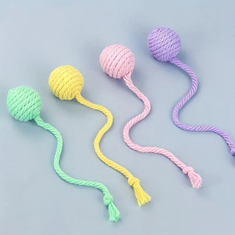 Colourful cat toy ball with rope and internal bell in small and medium sizes.