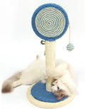 Blue cat scratching post with natural sisal rope and a hanging yellow ball toy on a stable wooden base.