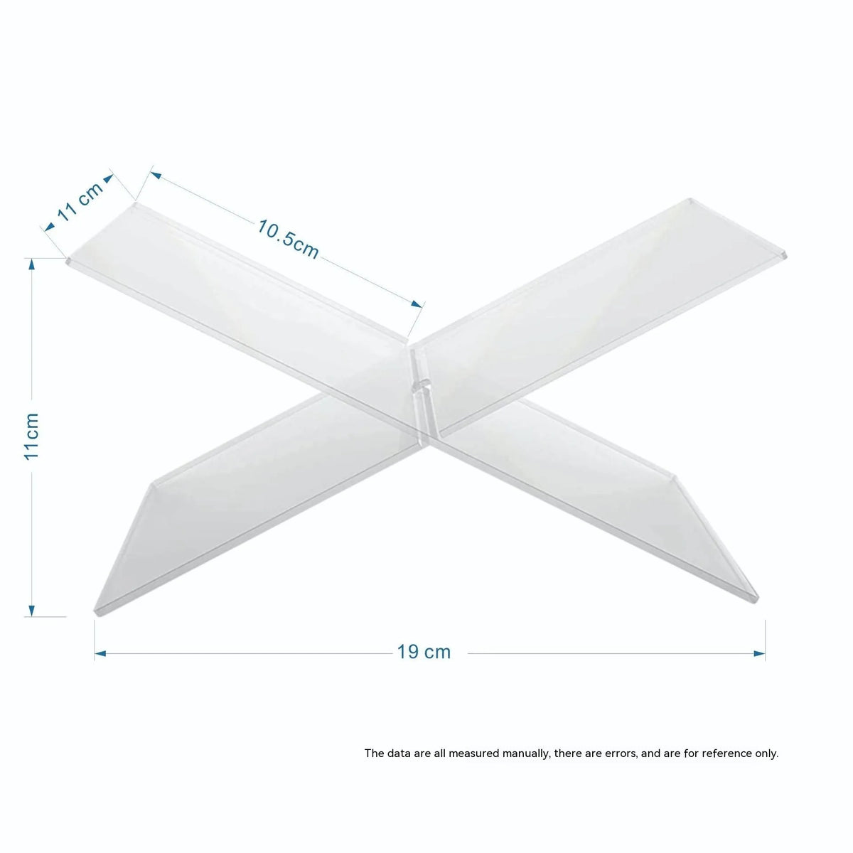 Transparent acrylic X-shaped book display rack holding books upright on desktop