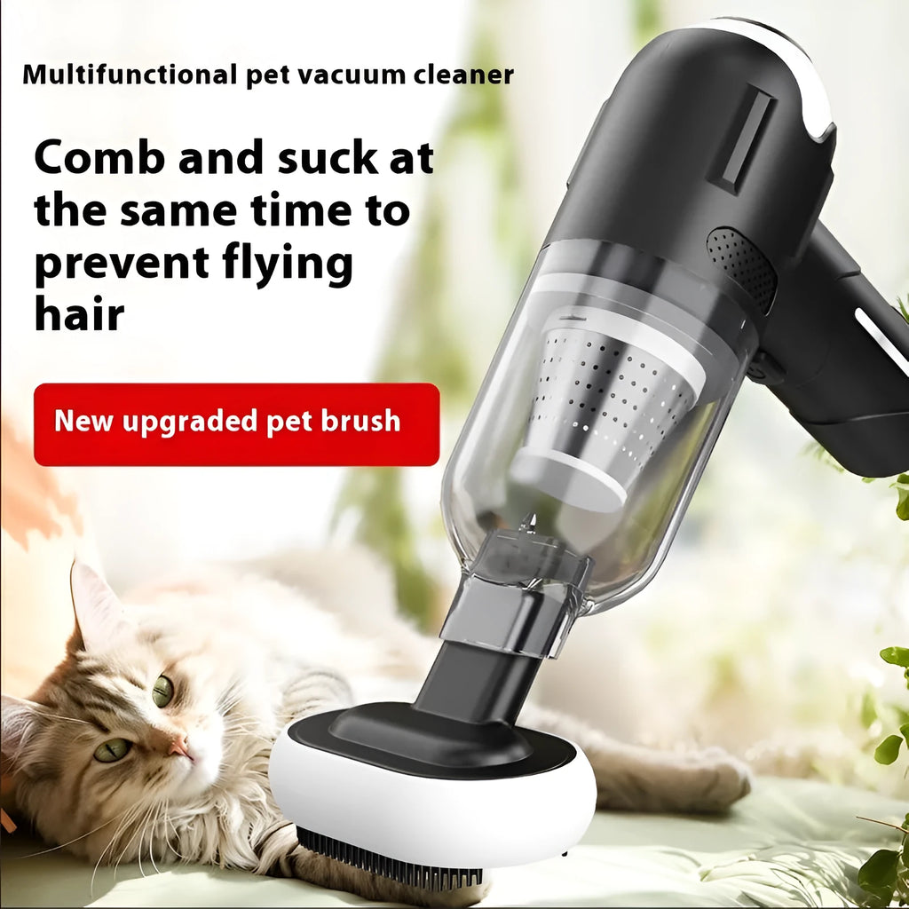 Handheld cordless pet vacuum cleaner with floor brush and nozzle attachments for cat and dog hair removal