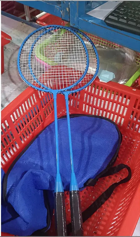 Pair of blue and red alloy badminton rackets showing split design and pre-strung condition